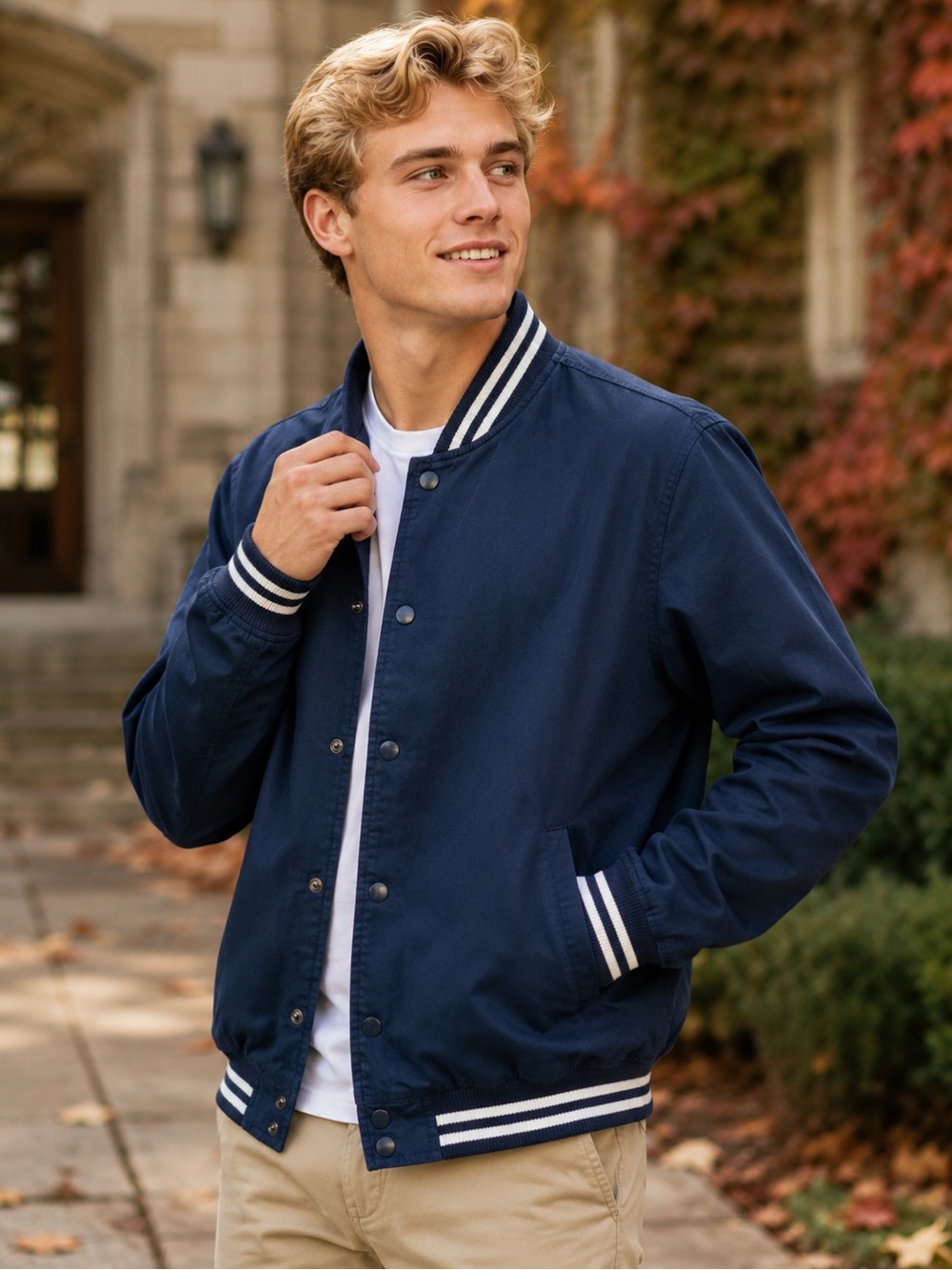 Old Navy Men’s XL Navy Cotton Varsity Bomber Jacket Striped Rib Trim Snap Front - Picture 1 of 17